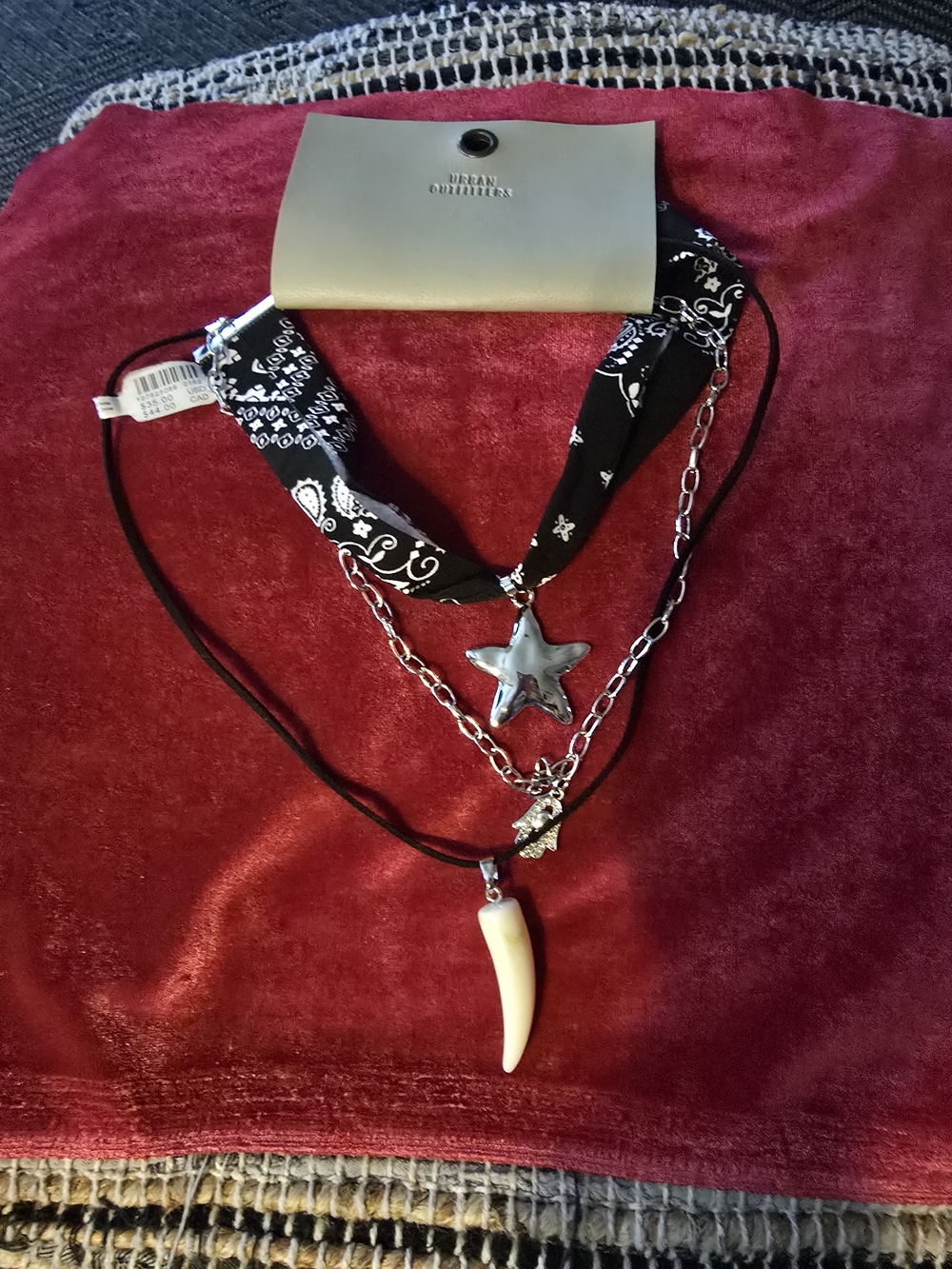 Urban Outfitters Black Bandana Layered Star & Tusk Necklace